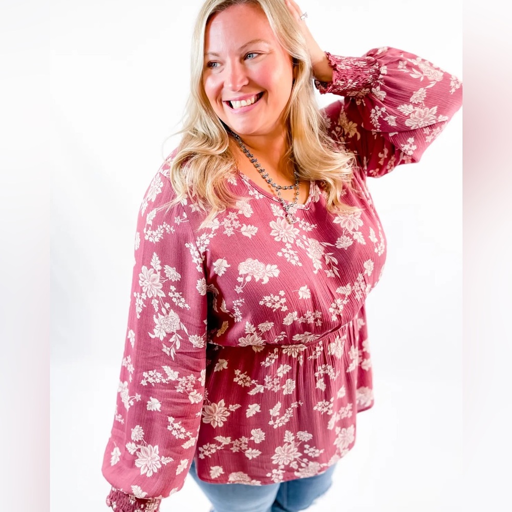 Honeyme Floral Print Long Sleeve V-Neck Babydoll Top
